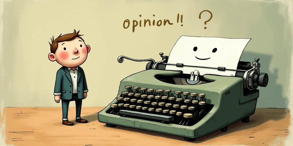 a typewriter with a face drawn on it and a caption for the words opinion and a question, Edward Otho