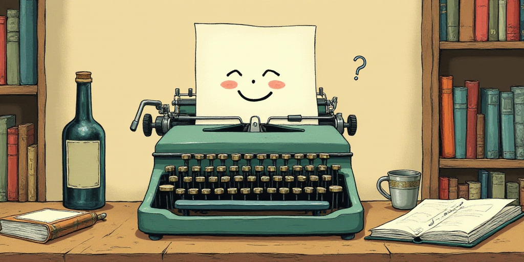 a typewriter with a face drawn on it and a caption for the words opinion and a question, Edward Otho