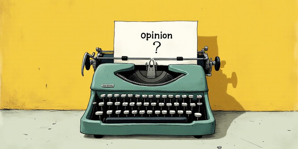 a typewriter with a face drawn on it and a caption for the words opinion and a question, Edward Otho