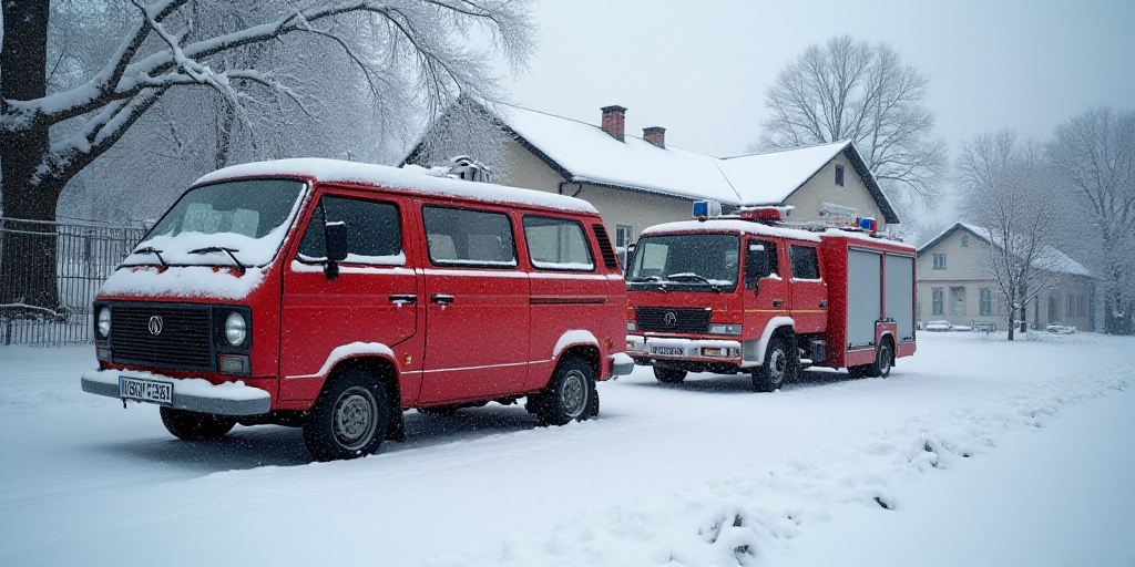 a van that is sitting in the snow near a fire truck and a fire truck in the background with a house
