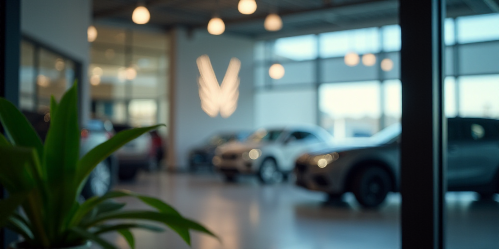 a view of a car dealership through a door way with a logo on it and a plant in the foreground, Conro