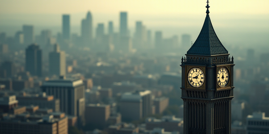 a view of a city from a high rise building with a clock tower in the foreground and a large clock on
