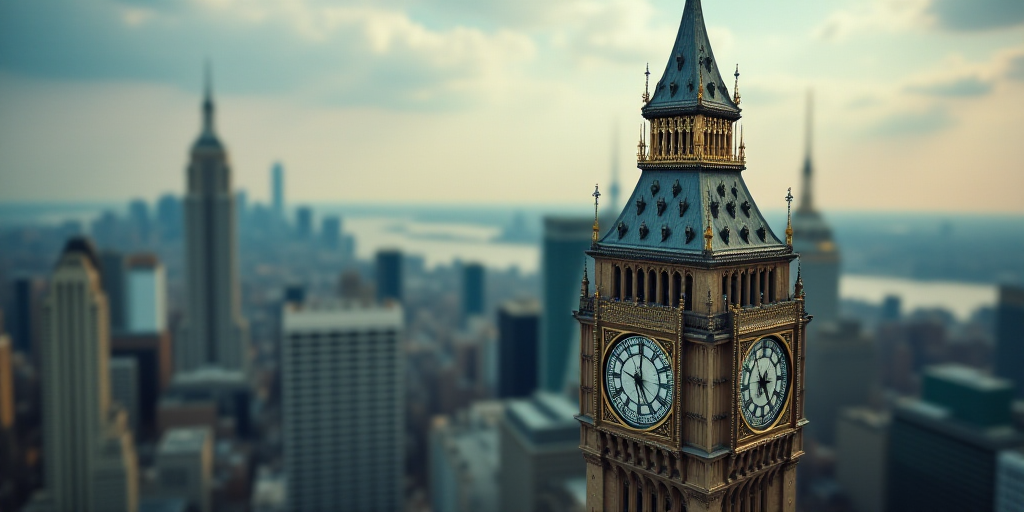 a view of a city from a high rise building with a clock tower in the foreground and a large clock on