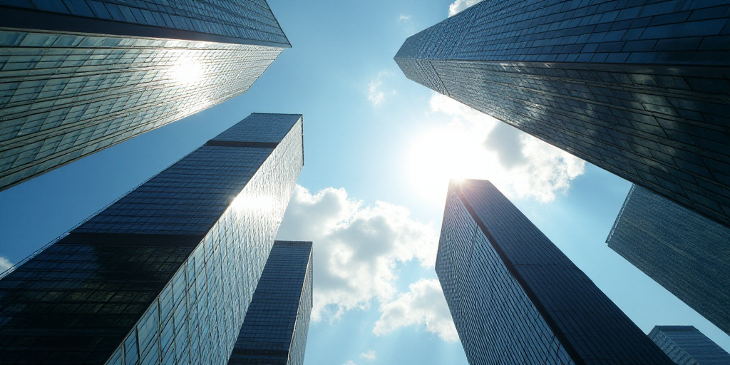 a view of a city with tall buildings and a sky background with clouds and sun shining through the wi