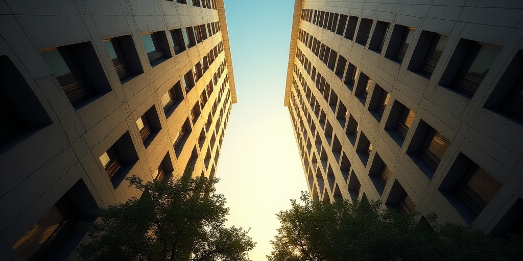 a view of two tall buildings from below, with a sun shining through the windows of the building and