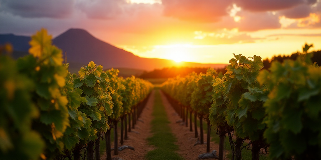 a vineyard with vines in the foreground and a mountain in the background at sunset with clouds in th