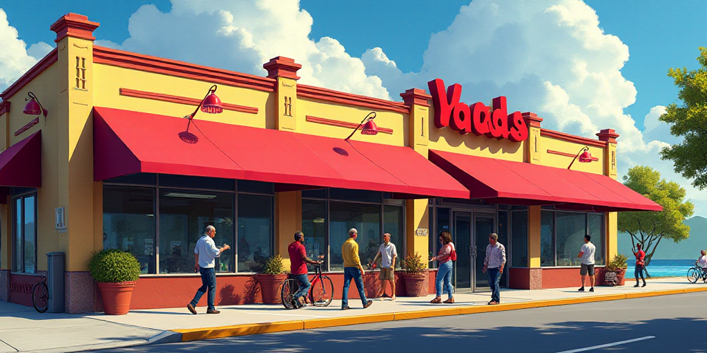 a waldis store with a red awning and a red awning outside of it and people walking outside, Estuardo