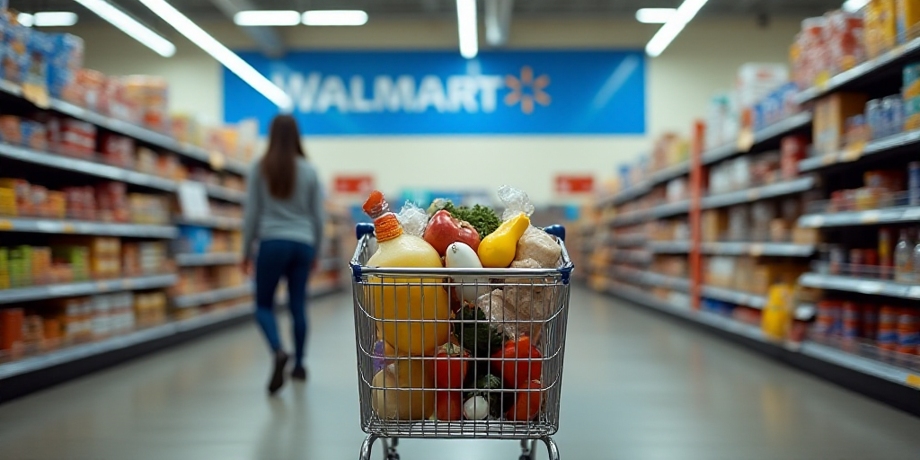 a walmart sign is displayed in a grocery store aisle with a shopping cart full of groceries and a wo