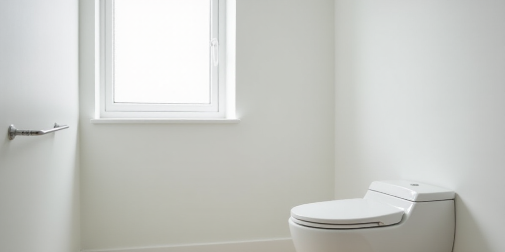 a white bathroom with a toilet and a window with blinds on it's side and a toilet seat, David Chippe