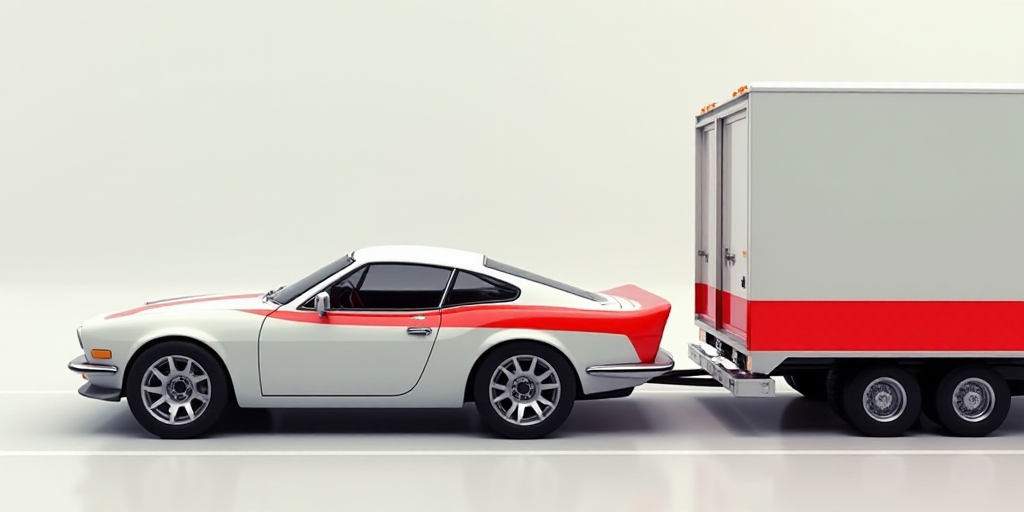 a white car with a red stripe parked next to a white truck with a red stripe on it's side, Évariste