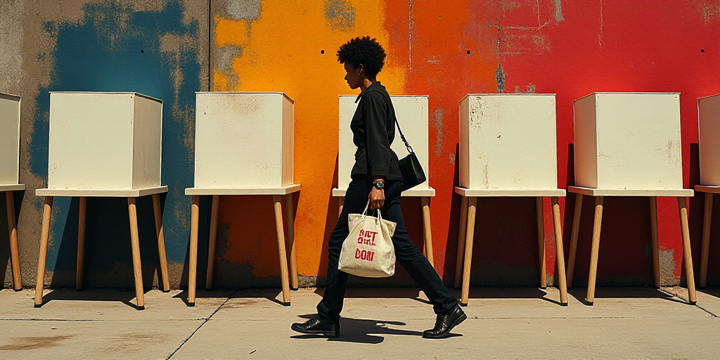 a woman carrying a bag and a bag in her hand walking past a voting booth with voting booths behind h