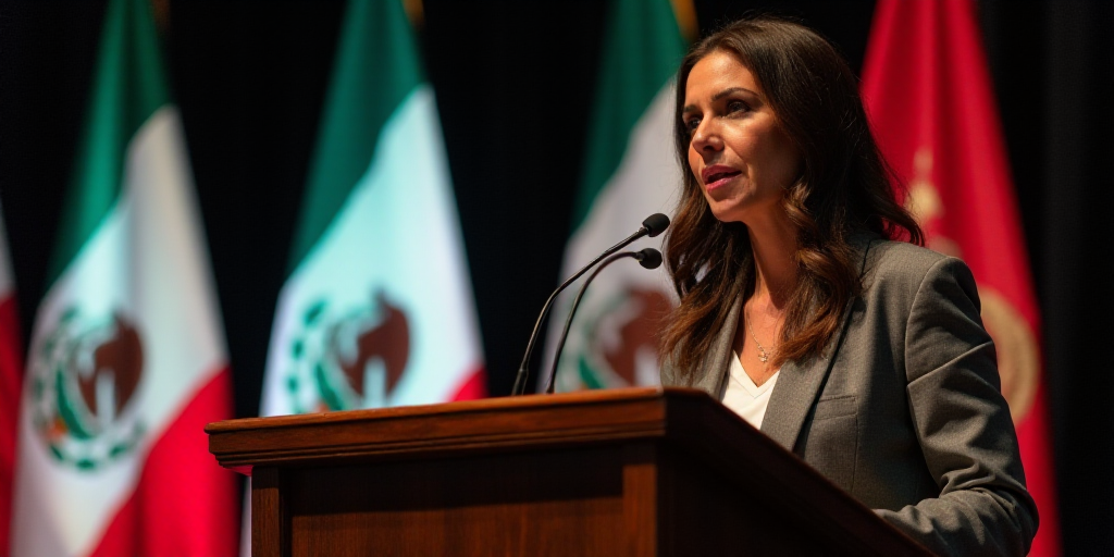 a woman giving a speech at a podium with flags behind her and a mexican flag behind her, with a mexi