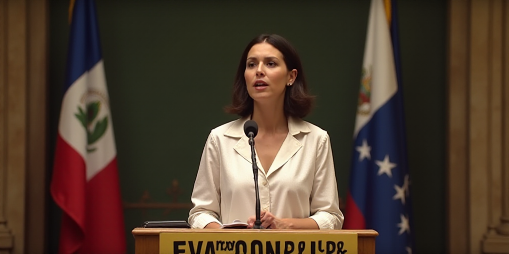 a woman giving a speech at a podium with a microphone in front of her and a sign behind her, Eva Gon