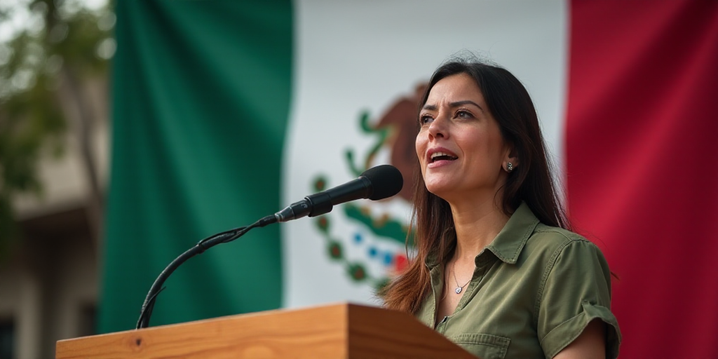 a woman giving a speech at a podium with a mexican flag behind her and a sign behind her that says a