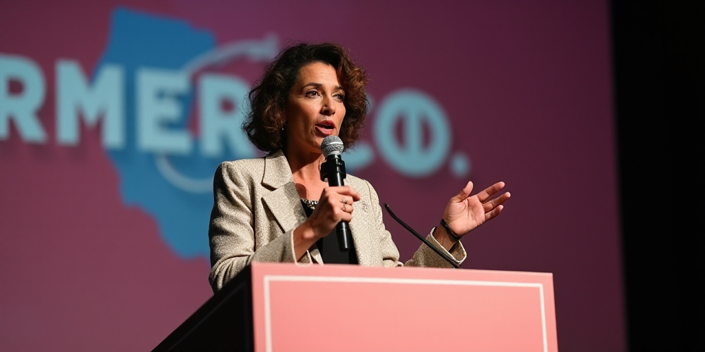a woman giving a speech at a podium with a microphone in her hand and a sign behind her that says am