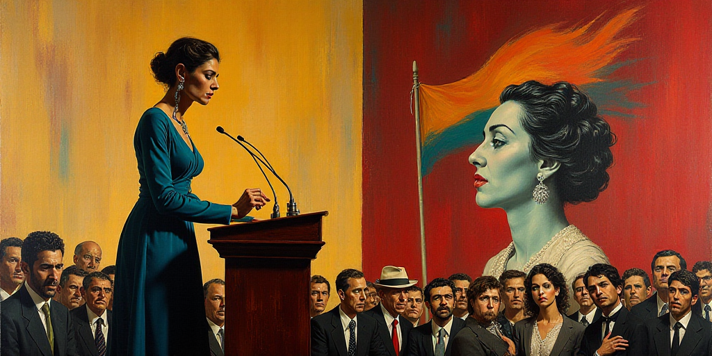 a woman giving a speech at a podium with a flag behind her and a picture of a woman behind her, Davi