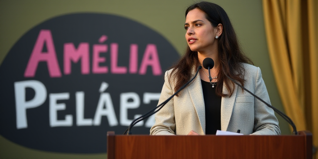 a woman giving a speech at a podium with a microphone in front of her and a sign behind her, Amelia