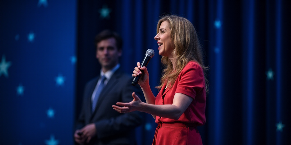 a woman giving a speech with a microphone in front of a blue curtain with stars on it and a star pat
