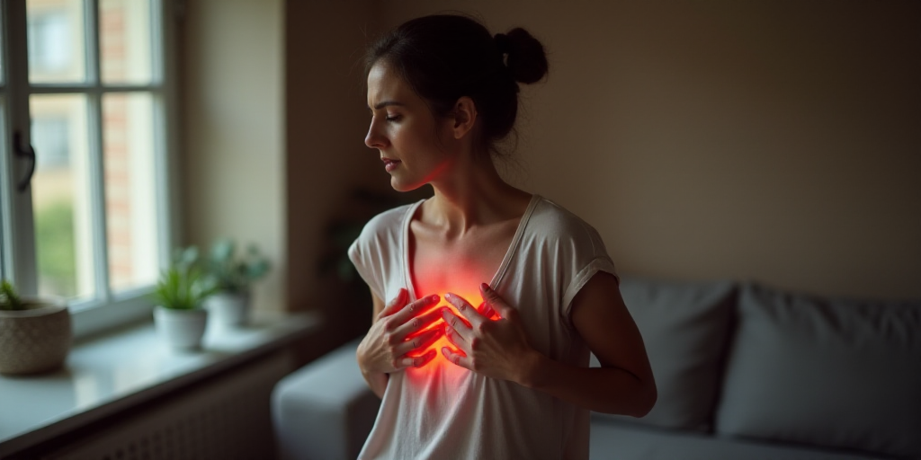 a woman having a chest pain in her living room, with her hands on her chest and her hand on her ches