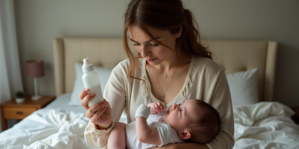 a woman holding a baby while holding a bottle in her hand and a bottle in her other hand, on a bed,