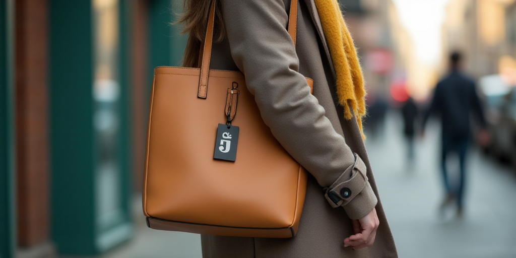 a woman holding a bag with a phone in her hand and a tag on it that says j on it, Cui Bai, behance h