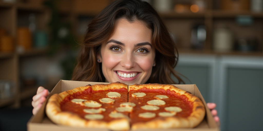 a woman holding a box of pizza in front of her face and smiling at the camera with a smile on her fa