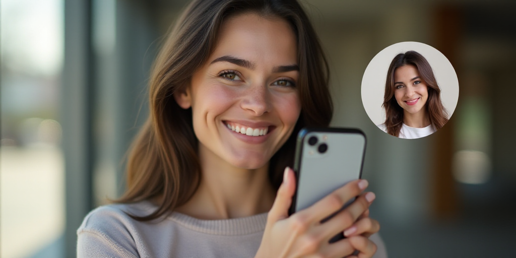 a woman holding a cell phone and smiling at the camera with a circle around her showing a picture of