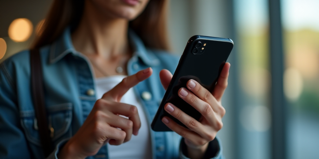 a woman holding a cell phone with the tikko logo on it and pointing to the screen with her finger, A