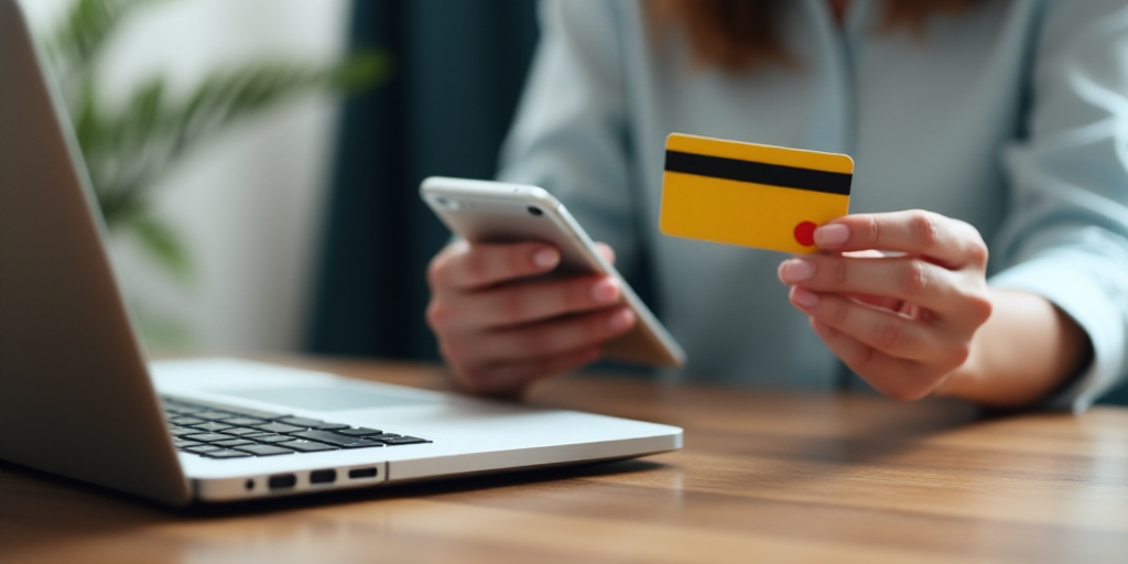 a woman holding a credit card and a cell phone in her hand while sitting at a desk with a laptop and