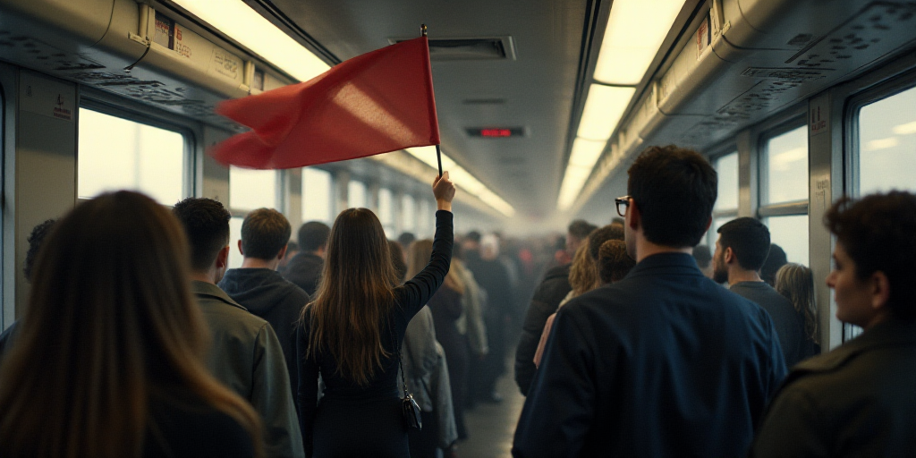 a woman holding a flag and a man holding a sign in front of a crowd of people on a train, Altichiero