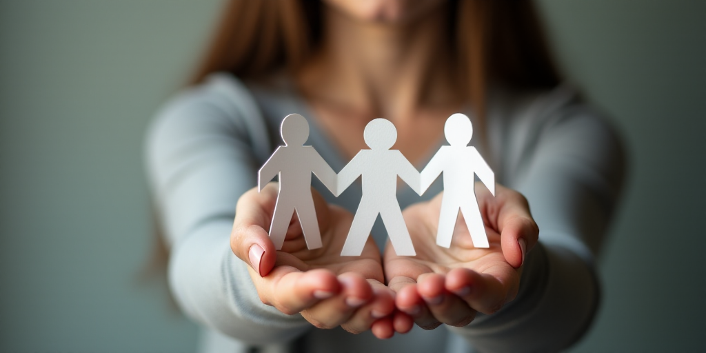 a woman holding a group of paper people in her hands with a blurry background of the person holding