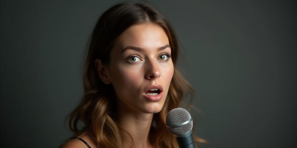 a woman holding a microphone in her hand and looking at the camera with a surprised look on her face