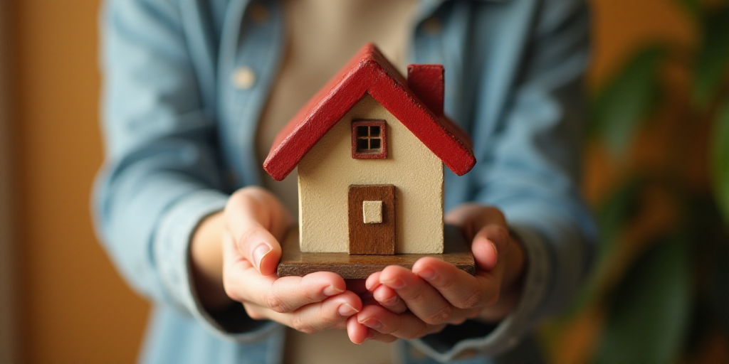 a woman holding a small house in her hands with a red roof on top of it and a small house in the mid