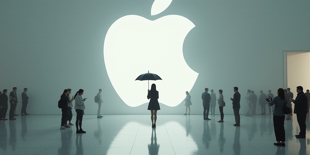 a woman holding an umbrella in a building with people walking around it and a large apple logo on th