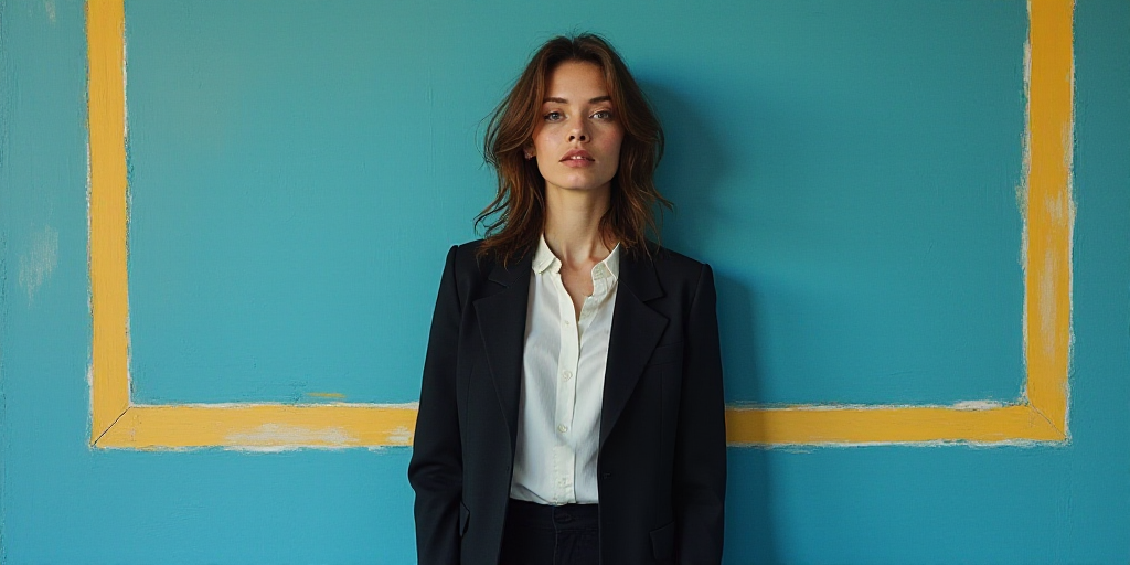 a woman in a black jacket and white shirt is standing in front of a blue background with a yellow bo
