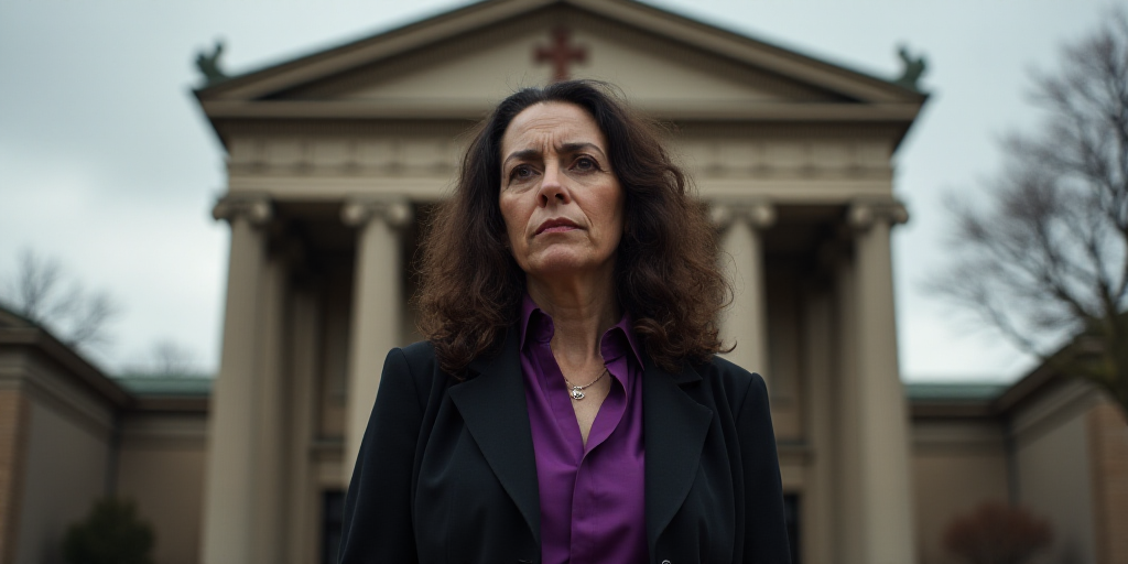 a woman in a black jacket and purple shirt standing in front of a building with columns and a cross