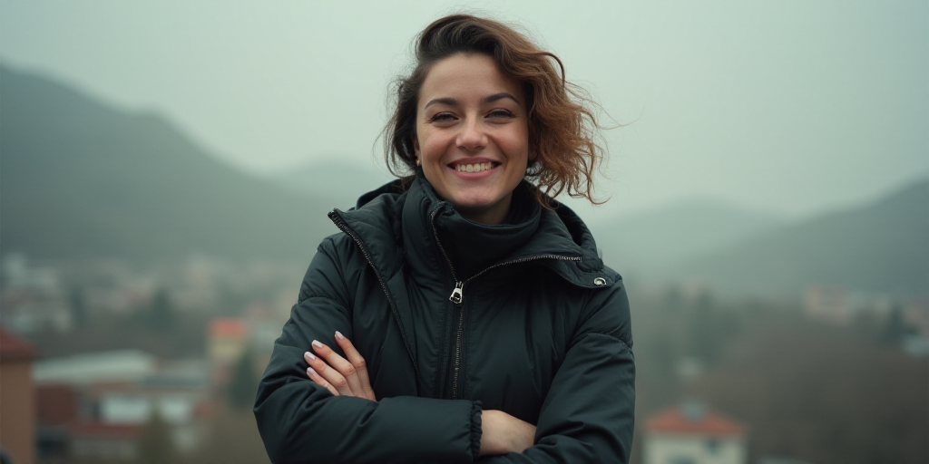 a woman in a black jacket is smiling for the camera with her arms crossed and her hands folded in fr