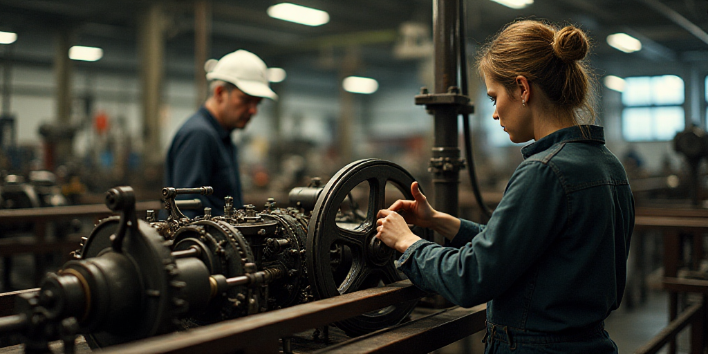 a woman in a factory working on a large engine system with other machines in the background and a ma