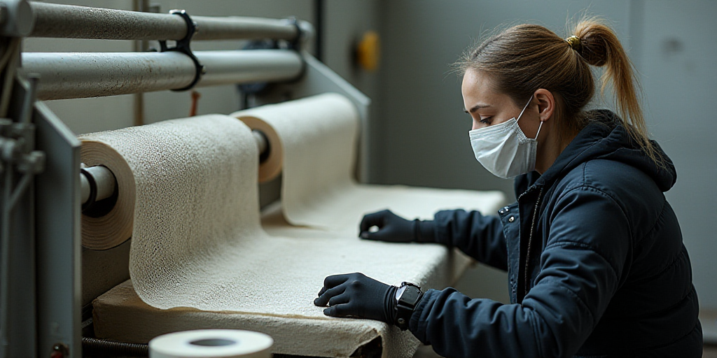a woman in a mask is working on a machine with rolls of toilet paper on it and a machine with a roll