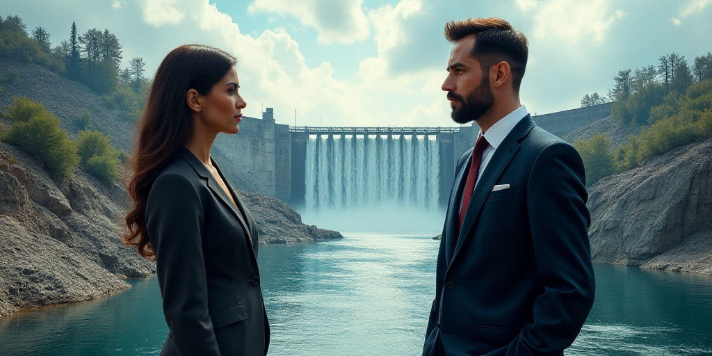 a woman in a suit and a man in a suit and tie are facing each other in front of a collage of images