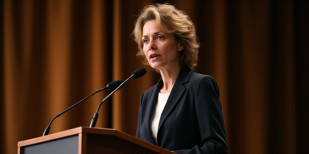 a woman in a suit speaking at a podium with a microphone in front of her and a curtain behind her, F