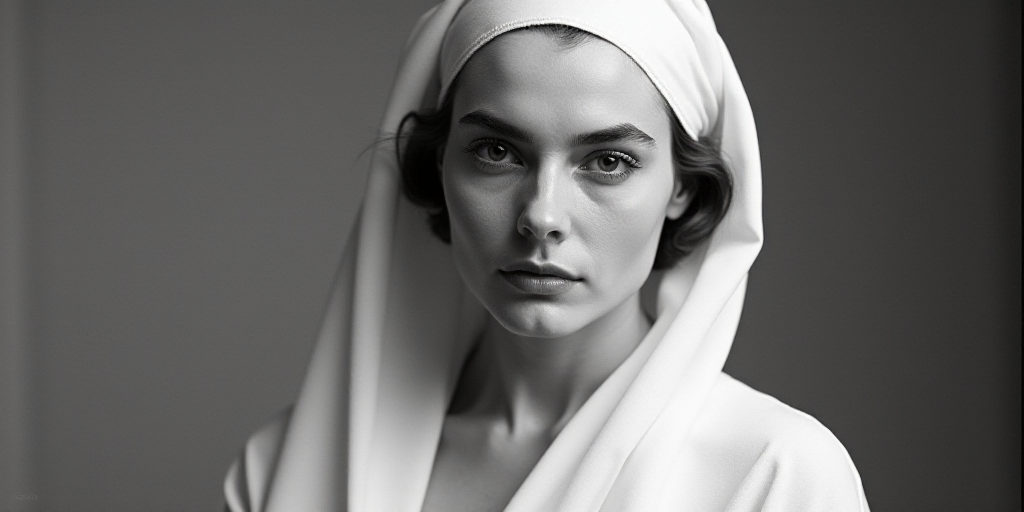 a woman in a white dress and a white scarf on her head and a black and white photo of her, Araceli G