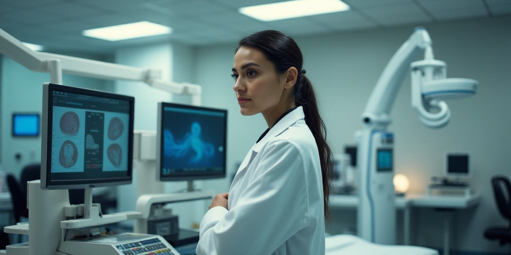 a woman in a white lab coat standing in front of a machine and monitors in a room with other medical