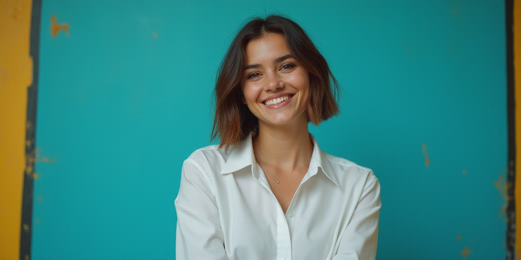 a woman in a white shirt is smiling for the camera with a blue background and a black and yellow bor