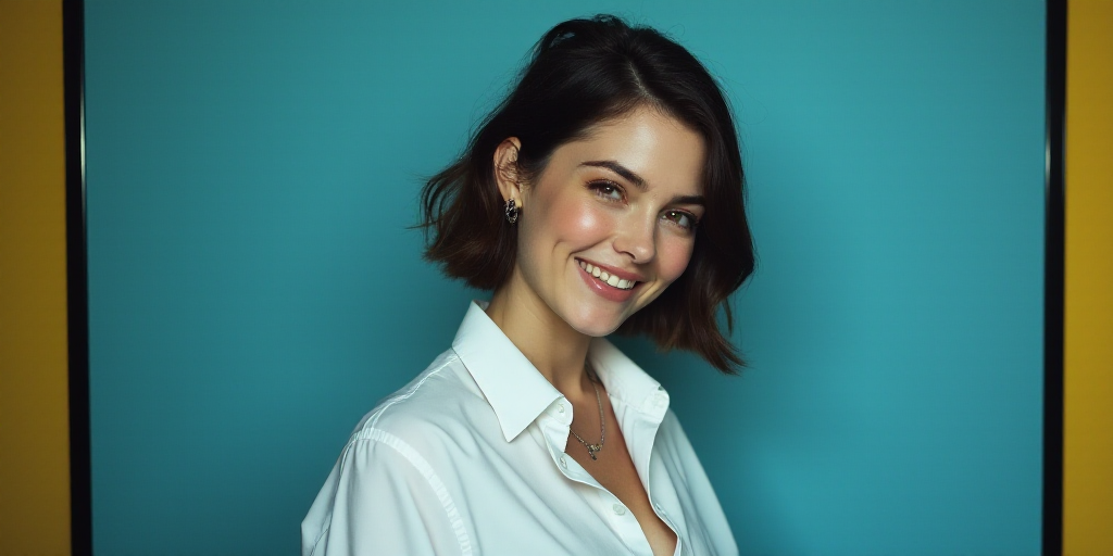 a woman in a white shirt is smiling for the camera with a blue background and a black and yellow bor