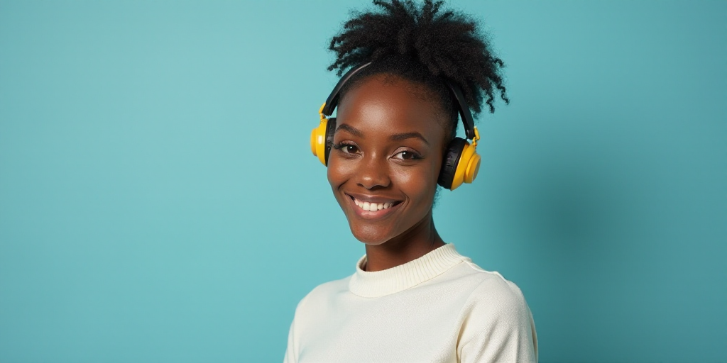 a woman in a white top is smiling for the camera with a blue background and a black and yellow borde