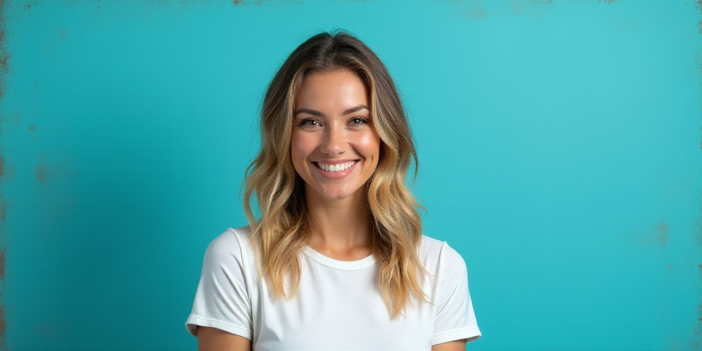 a woman in a white top is smiling for the camera with a blue background and a black and yellow borde