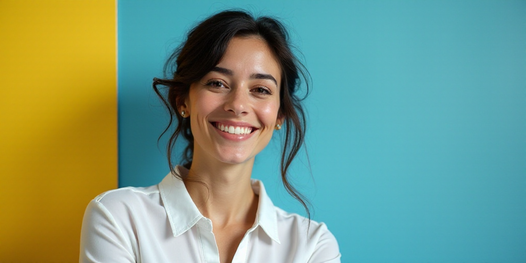 a woman in a white top is smiling for the camera with a blue background and a black and yellow borde