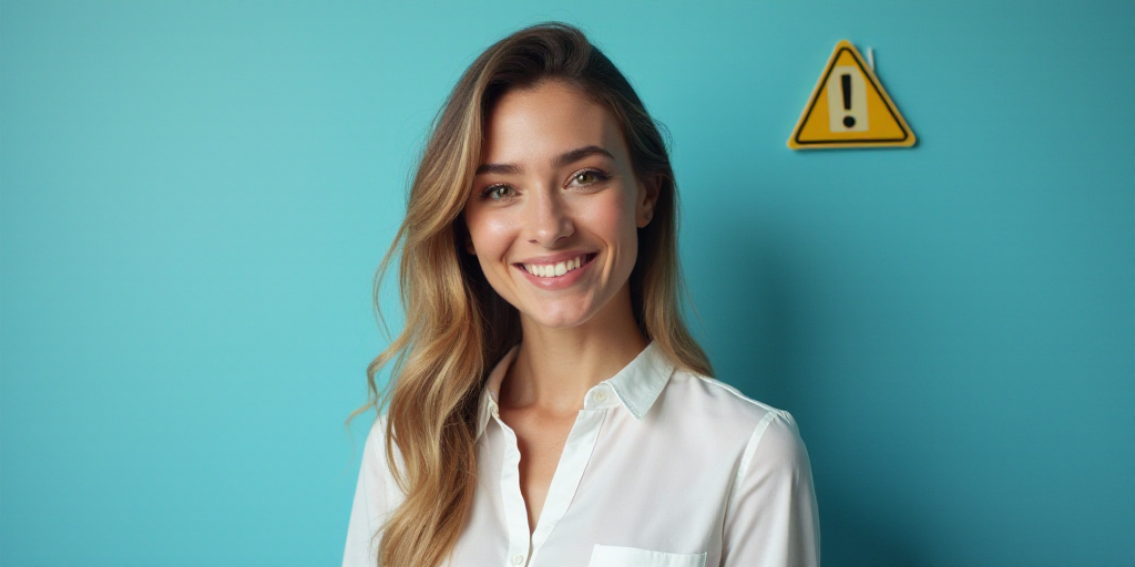 a woman in a white top is smiling for the camera with a blue background and a black and yellow borde
