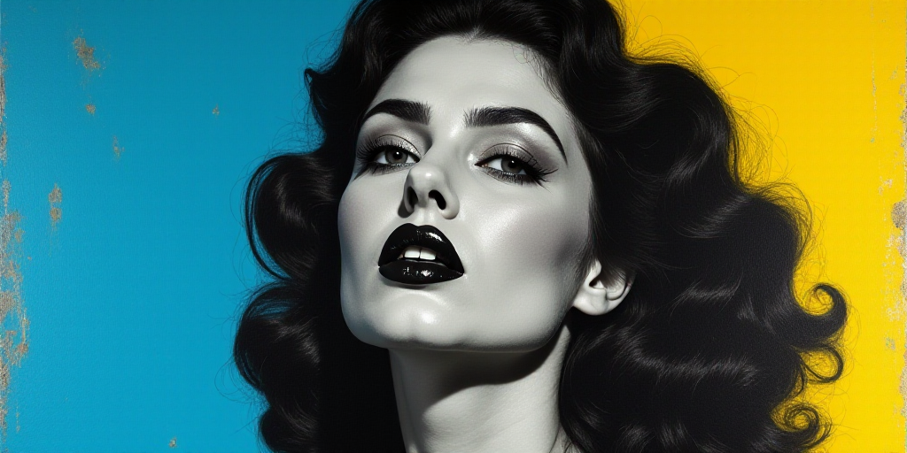 a woman in black and white with a blue background and a blue and yellow background with a black and